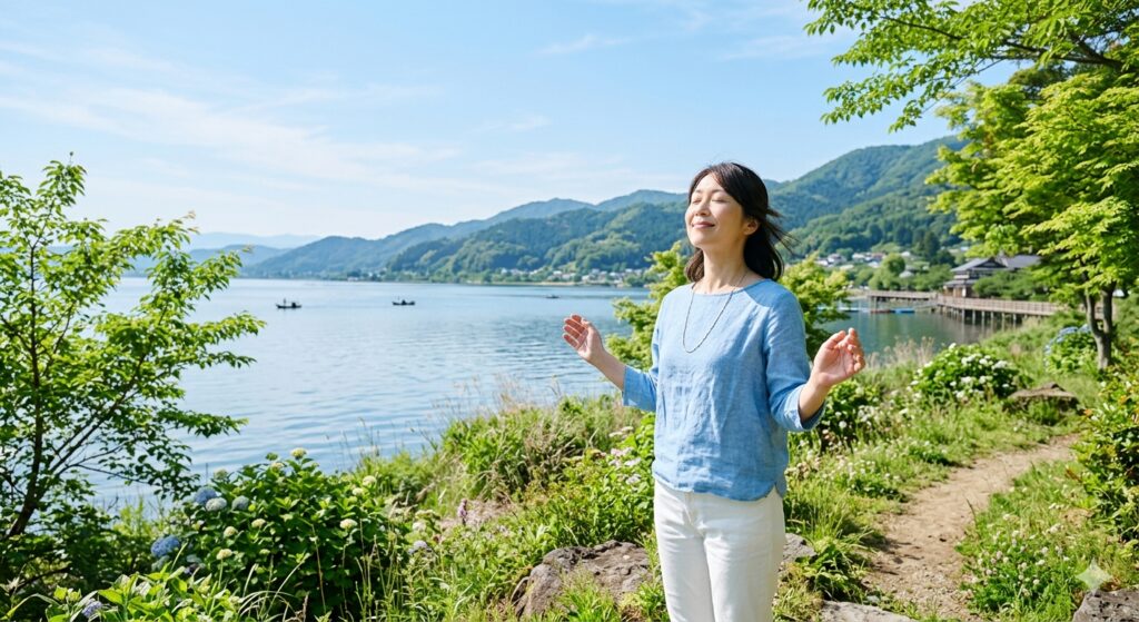 琵琶湖畔で深呼吸する女性｜5月の自律神経ケアと健康
