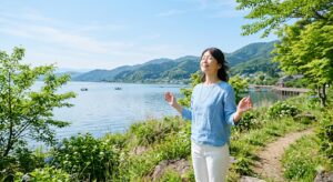 琵琶湖畔で深呼吸する女性｜5月の自律神経ケアと健康