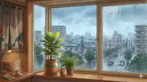 雨の日に窓の外を眺める女性のイラスト｜梅雨の体調管理と整骨院