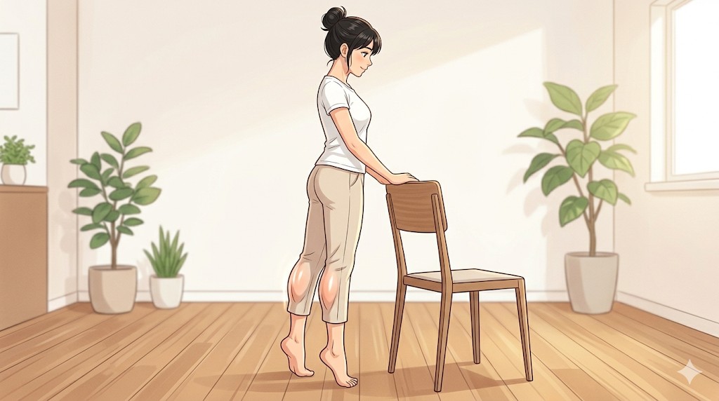 椅子を使ってストレッチする女性のイラスト|大津市 梅田整骨院
