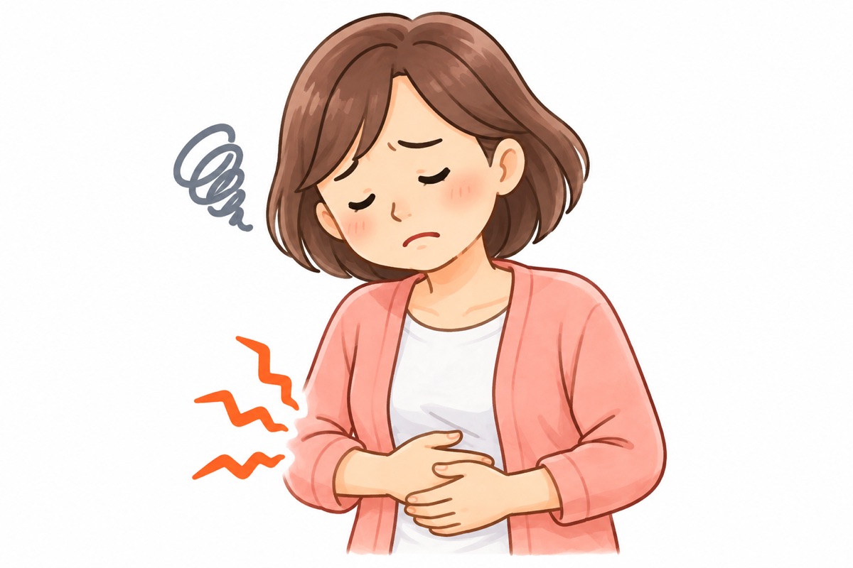 食欲不振や胃の重さを感じる女性